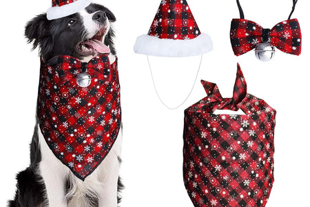 Christmas Snowflake Dog Bandana Costume, Christmas Classic Plaid Snowflake Dog Bandana Scarf Hat Bow Tie with Bell Costume Decoration for Dogs Pets