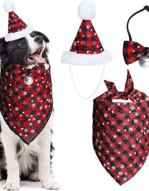 Load image into Gallery viewer, Christmas Snowflake Dog Bandana Costume, Christmas Classic Plaid Snowflake Dog Bandana Scarf Hat Bow Tie with Bell Costume Decoration for Dogs Pets
